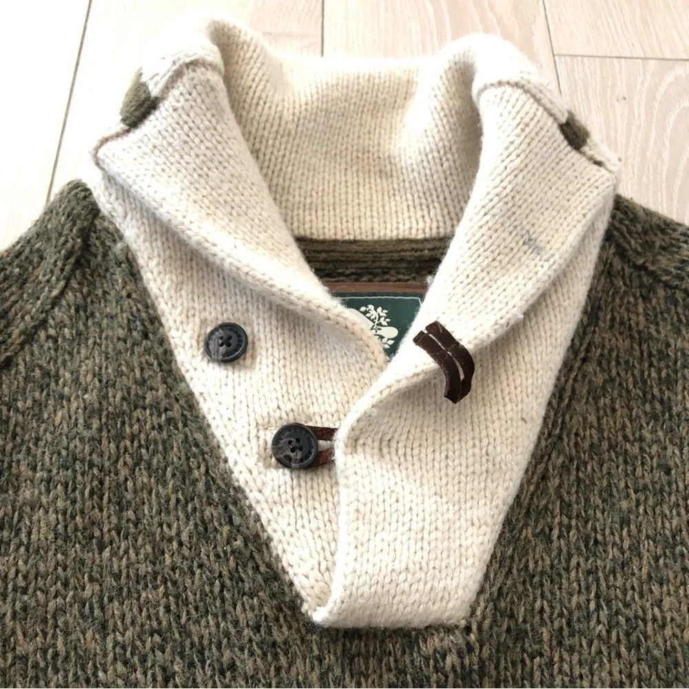 Roots Cabin Wool Blend Shawl Neck Elbow Patch Marled Sweater in Green Size S - Picture 5 of 12